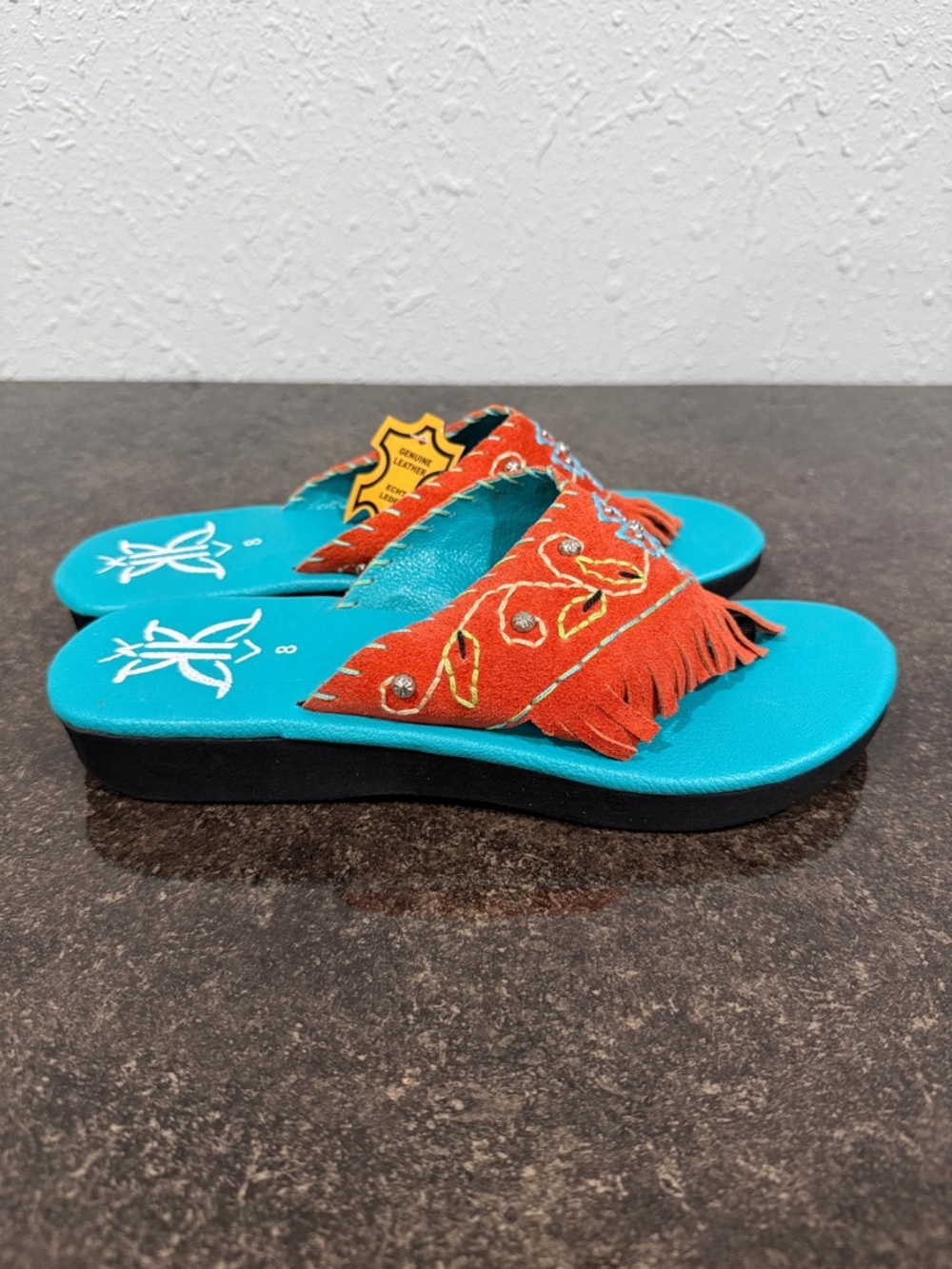 Turquoise Footbed Sandal with Orange Fringe Embroidery and Concho Studs Size 8 - Picture 5 of 9